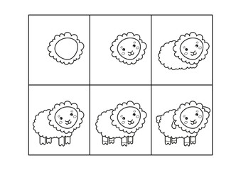 Sheep. Step by step drawing. Coloring page, coloring book page. Black and white vector illustration.