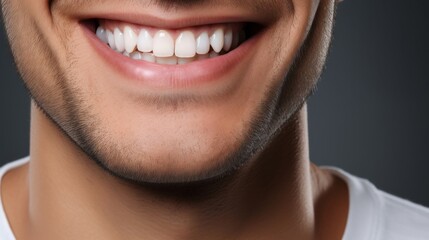 Teeth whitening, dentist treatment, dental health - Closeup of young man with beautiful smile and white teeth, isolated on gray background