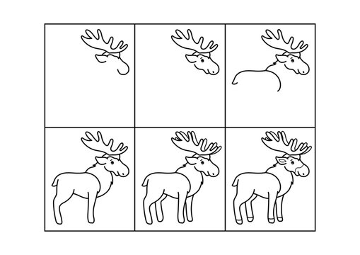 Moose. Step by step drawing. Coloring page, coloring book page. Black and white vector illustration.