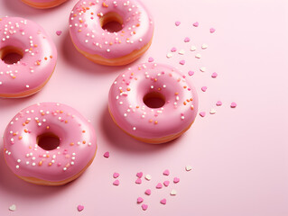 Delicious sweet donuts with pink glaze and heart shaped sprinkles on pink table, top view