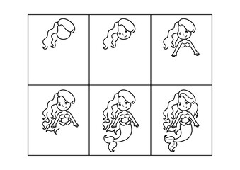 Fototapeta premium Mermaid. Step by step drawing. Coloring page, coloring book page. Black and white vector illustration.