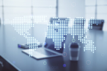 Abstract creative digital world map on modern computer background, globalization concept. Multiexposure