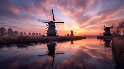 The historic windmills of Kinderdijk, Netherlands, reflected in the calm canal waters at sunset.