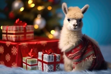 Selbstklebende Fototapeten baby llama with christmas presents on blurred bokeh tree lights background © gankevstock