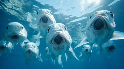 Group of fish in the blue water.
