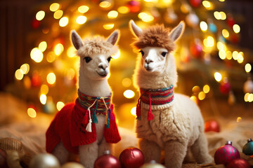 Fototapeta premium Two alpacas in colorful sweaters and scarves against a backdrop of Christmas lights