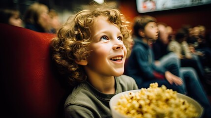 A boy laughing in a movie theater. A smiling child watching a cartoon in a movie theater. A little spectator. Entertainment industry. The concept of leisure and leisure in free time. Illustration.