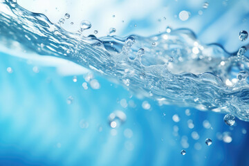 Naklejka na ściany i meble water splash on blue background, water drops on blue water,Water splashes splashing on the water surface and underwater bubbles