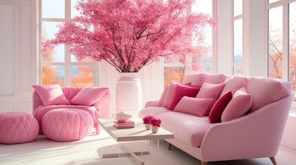 Front view of modern cozy terrace in pink colors against the background of beautiful autumn forest. Comfortable sofa with cushions, wooden coffee table with tea set, exotic tree with pink flowers