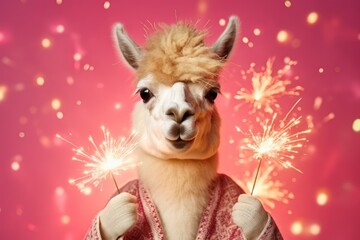 Celebrating Alpaca Llama holding Sparklers in paws on pink background, celebrating event party poster, print, card design