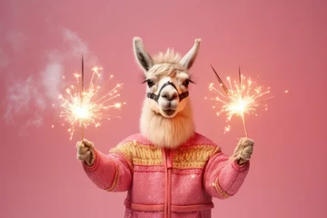 Poster Celebrating Alpaca Llama holding Sparklers in paws on pink background, celebrating event party poster, print, card design © gankevstock