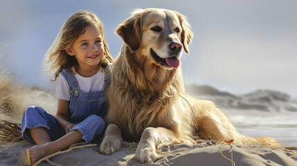 A little girl and her golden retriever dog are sitting on a sandy beach with the ocean in the background.
