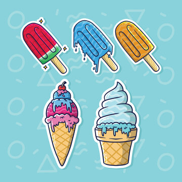 Cartoon vector illustration set of Fresh Ice Cream. Ice cream vector illustration set.