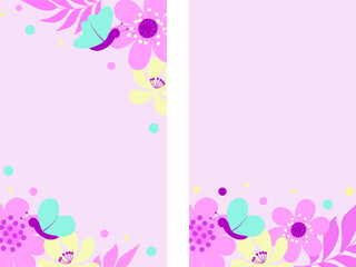 Set of postcards. Bright background with pink flowers and butterflies on a pink background for Women's Day and March 8th. Greeting card invitation for Valentine's Day and Mother's Day. Birthday vector