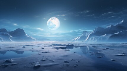 The moon rising over a desolate, ice-covered landscape in the Antarctic wilderness.