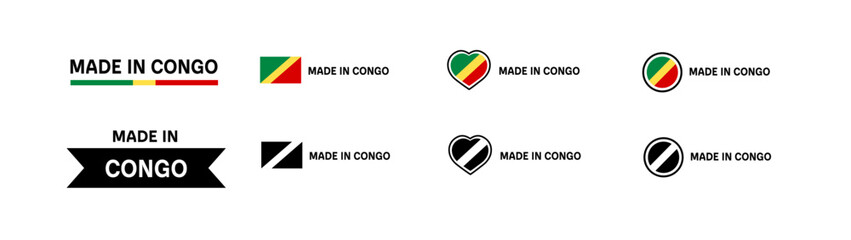 Made in Congo flag icons. Different styles, Made in Congo flag in square, heart, circle icons. Vector icons