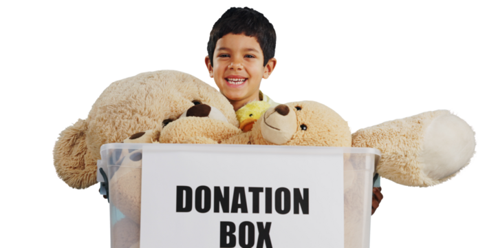 Isolated boy, box and donation for toys, charity or ngo for children, welfare or help by transparent png background. Child, teddy bear and container with excited smile, face and social responsibility