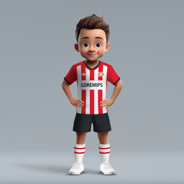 3d cartoon cute young soccer player in PSV Eindhoven football uniform.