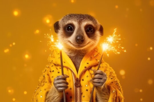 Meerkat Celebrating with Sparklers on Golden Yellow Background