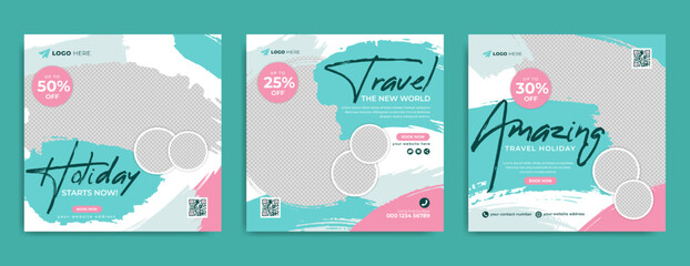 Holiday travel sale business or summer beach travelling promotion social media post or web banner template. Travel, tour and tourism online marketing flyer with grunge paint brush stroke background. - obrazy, fototapety, plakaty