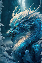 Wonderful ancient glittering cyan chinese dragon in the snowy winter forest, Year of the Dragon, Generative AI