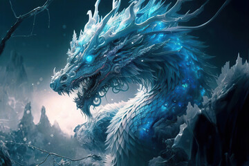 Wonderful ancient sparkling cyan chinese dragon with glowing eyes in the snowy winter forest, Year of the Dragon, Generative AI