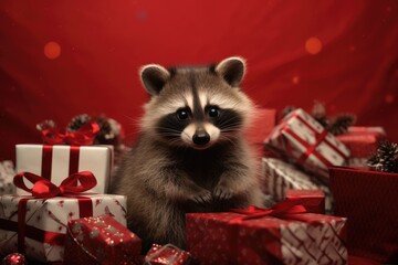 Raccoon with Christmas Gifts in Winter Wonderland, red tones background, perfect for greeting card, cover, print