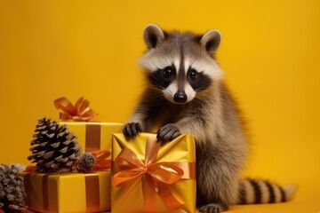Raccoon with Christmas Gifts in Winter Wonderland, yellow tones background, perfect for greeting card, cover, print