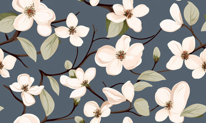 Dogwood Harmony: Vector Seamless Pattern with Leaves and Blossoms.