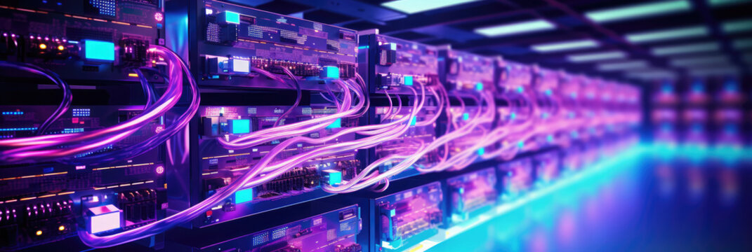 Network Switches and Ethernet Cables in Data Center, Seamless Connectivity for High-Speed Networking. Close-Up Neon Fiber Optic and Hub Server Room. Reliable LAN Internet Cables. Efficient Management