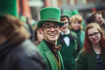 St Patrick's day concept - parade in Dublin with cheerful people