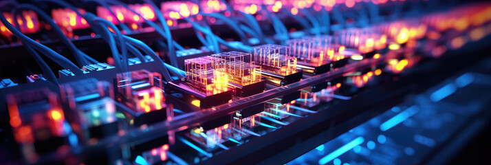 Fototapeta premium Network Switches and Ethernet Cables in Data Center, Seamless Connectivity for High-Speed Networking. Close-Up Neon Fiber Optic and Hub Server Room. Reliable LAN Internet Cables. Efficient Management