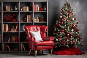 Photo of a festive interior with a comfortable sofa and a decorated christmas tree