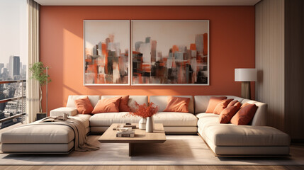 A hyper-realistic image of a modern living room, showcasing a heat pump with sleek aluminum elements, all bathed in a stylish combination of dark orange and light bronze tone.
