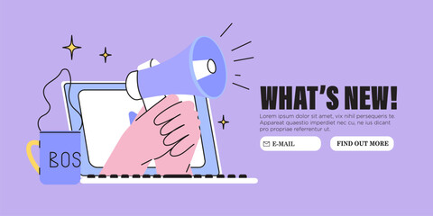 Hand with loud speaker share latest or hot news online on laptop screen. Break for news during working hours. Flat design vector graphic style illustration for web or social media banner, ui, app. - obrazy, fototapety, plakaty