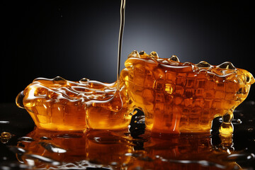 Liquid honey flows down the honeycomb on a dark glossy background. Generative AI.