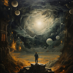 Landscape of man looking the magic of the world, with moons in the sky