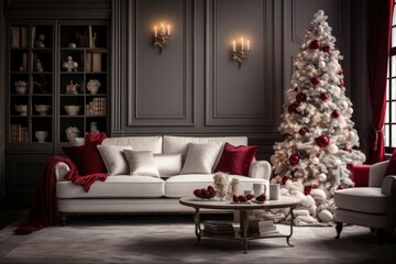 Photo of a festive interior with a comfortable sofa and a decorated christmas tree