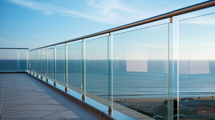 Contemporary architecture appartment balcony view with exotic wood grooved decking and glass railing