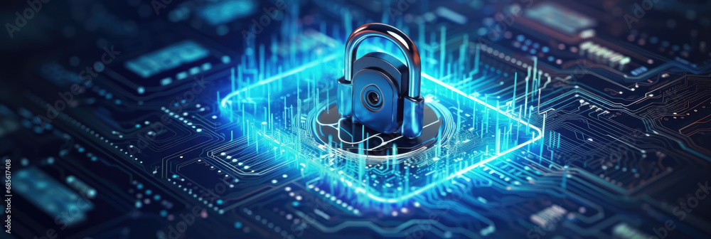 Poster e secure connection or cybersecurity service concept of computer motherboard closeup and safety lock