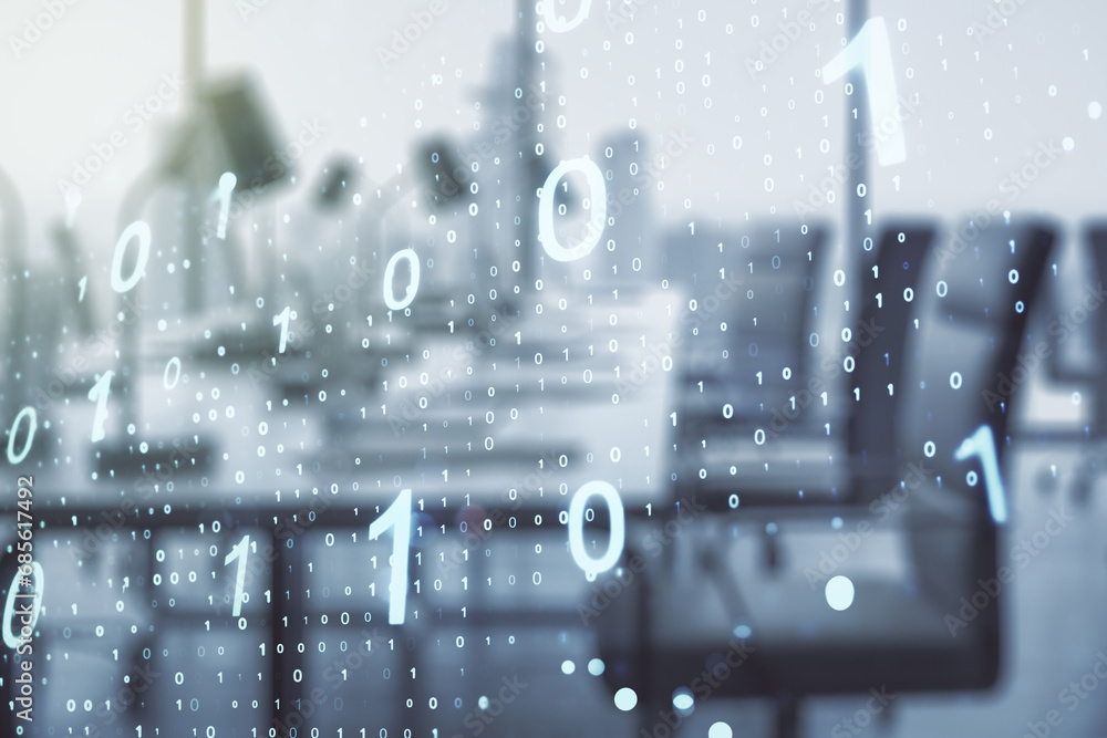 Fototapete double exposure of abstract virtual binary code hologram on modern corporate office background. data