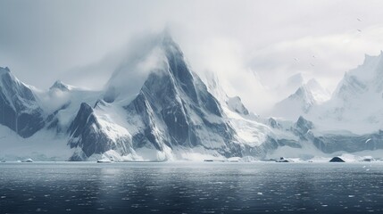 The rugged, snow-covered mountains of the Antarctic Peninsula, jutting out into the ocean. - obrazy, fototapety, plakaty