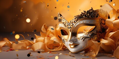 Lujosa y elegante máscara veneciana para eventos festivos y carnaval en fondo dorado con serpentina. - obrazy, fototapety, plakaty