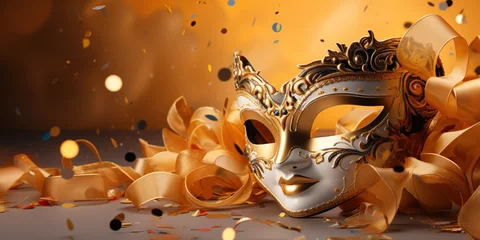 Fotobehang Lujosa y elegante máscara veneciana para eventos festivos y carnaval en fondo dorado con serpentina. © TaniaC.