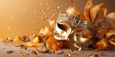 Lujosa máscara festiva de carnaval veneciano en fondo dorado para celebraciones con serpentina color oro.