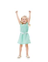 Jump, smile and portrait of girl child with arms up celebration on isolated, transparent or png background. Freedom, energy and excited kid with cheering motivation, support or happy, goal or success