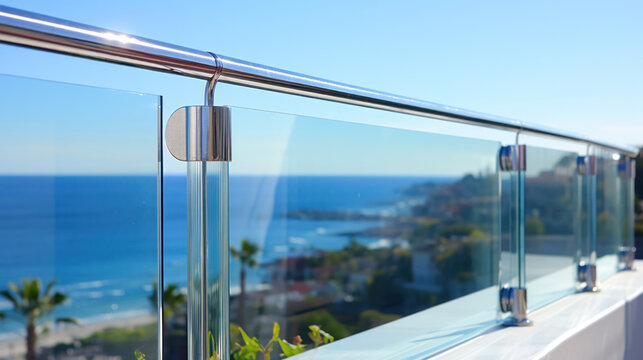 Contemporary architecture appartment balcony view with exotic wood grooved decking and glass railing