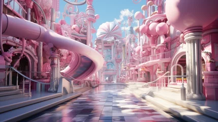 Foto op Canvas A wonderful fantasy pink castle for a fairytale princess. Elegant towers, columns and staircases decorated with giant candies, candies and sweets. A fairytale dream castle for all little princesses © Georgii