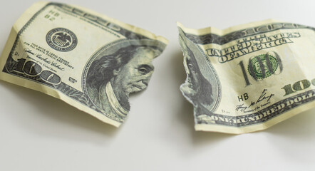 A Torn One Hundred Dollar Bill. Isolated on white. XXXL - obrazy, fototapety, plakaty