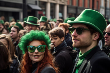 St Patrick's day concept - parade in Dublin with cheerful people